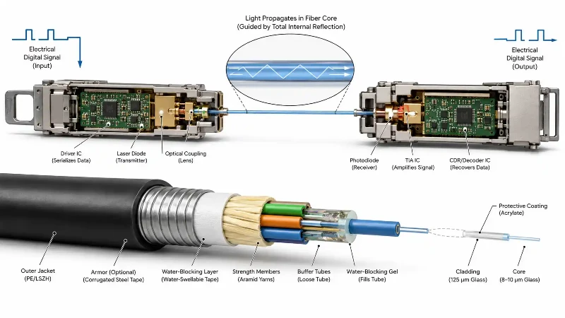 Fiber optic transmission and cable structure Fiber optic transmission and cable structure