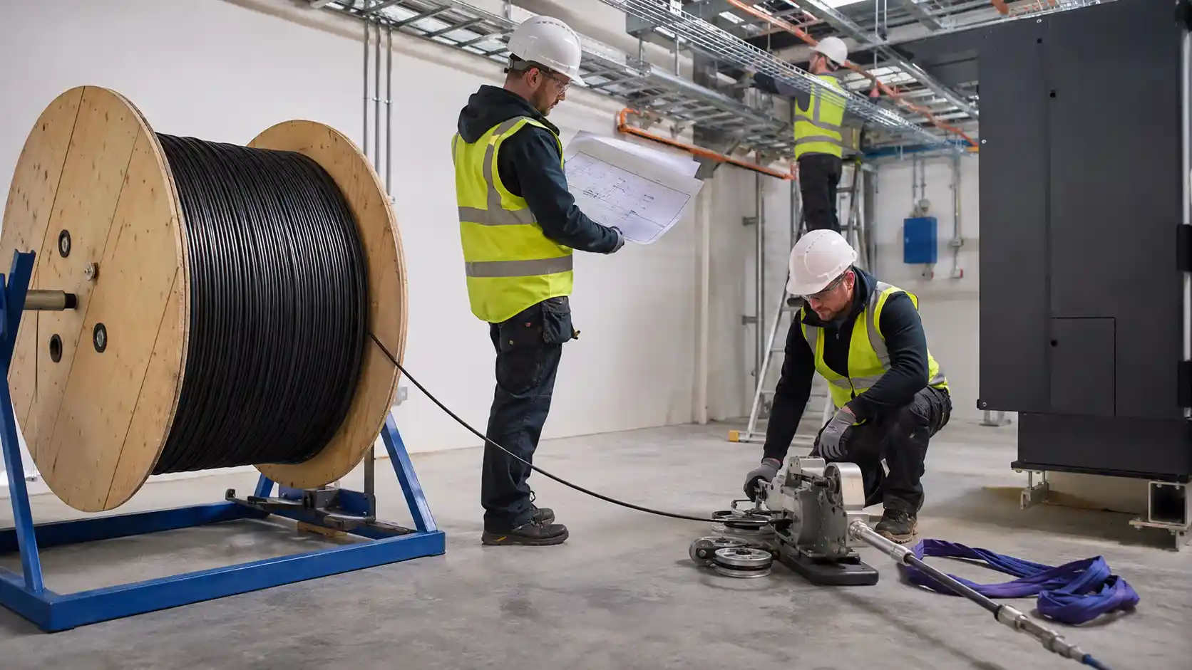 Fiber optic cable installation crew preparing a cable route Fiber optic cable installation crew preparing a cable route
