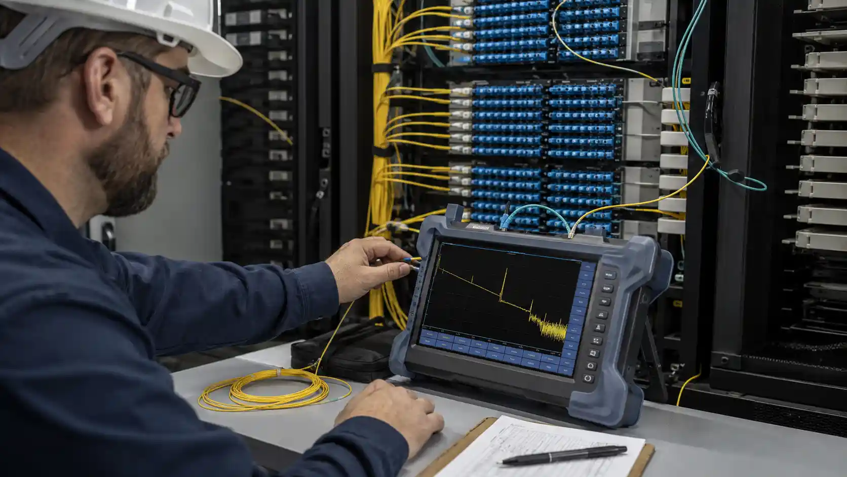 Technician testing an installed fiber optic cable with an OTDR Technician testing an installed fiber optic cable with an OTDR