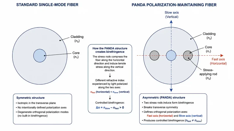 Standard single-mode fiber vs PANDA PM fiber structure Standard single-mode fiber vs PANDA PM fiber structure